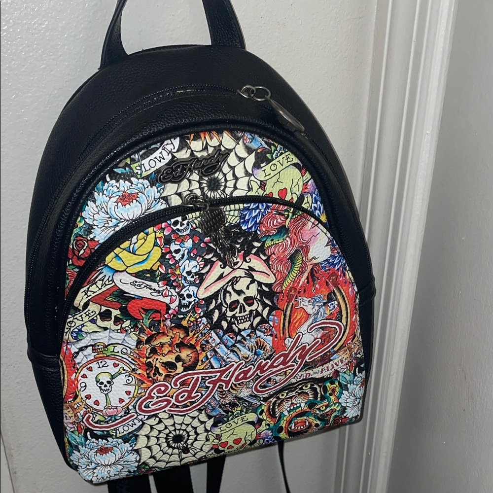 Ed Hardy Black Backpack with Colorful Tattoo Art - Picture 3 of 11